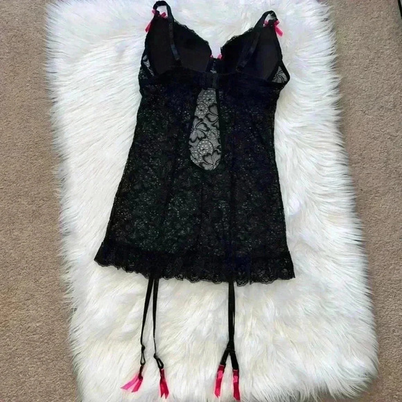 Dreamgirl Lingerie Y2K Black Floral Lace Babydoll Dress Medium Garters Neon Pink - Picture 5 of 8